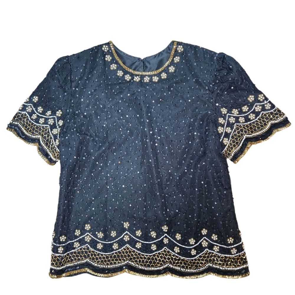 Vintage 80s Laurence Kazar Black Gold Silk Sequin Beaded Top Party Formal M L